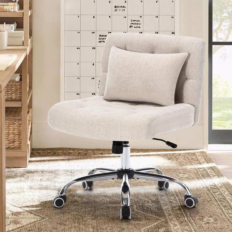 Armless Fabric Office Desk Chair With Wheels Beige